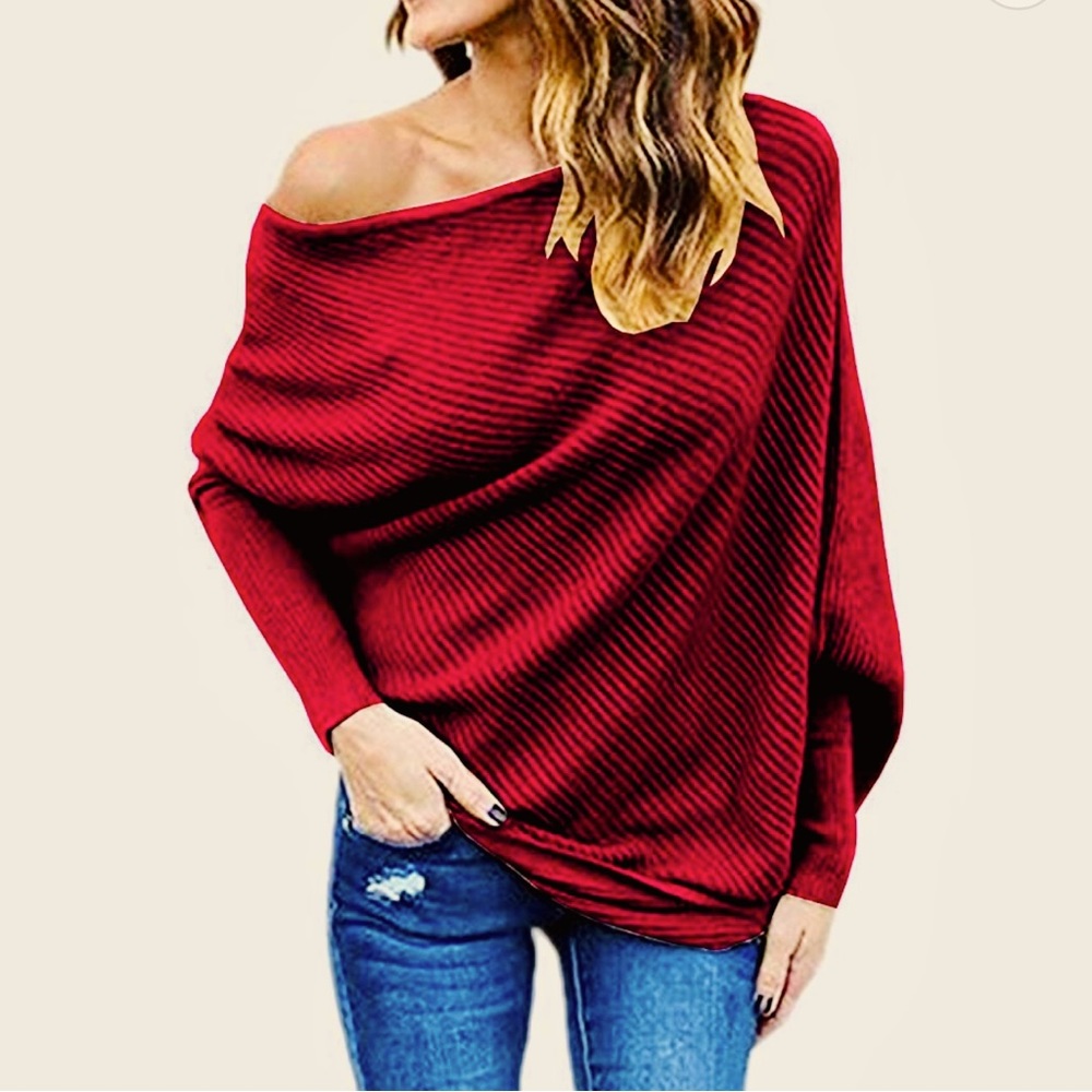 Gemijack Womens Off the Shoulder Asymmetrical Sweater Burgundy XL